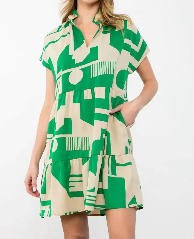 Short Sleeve Print Midi Dress In Green Elegant Satin Midi Dress