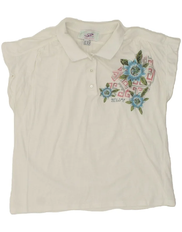 SILVY Womens Polo Shirt IT 46 Large White Floral Cotton Comfortable Fitted Short Sleeve