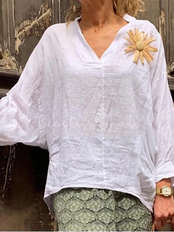Simple Plain Floral Embellished V-Neck Linen Shirt Modern Casual Short Sleeve