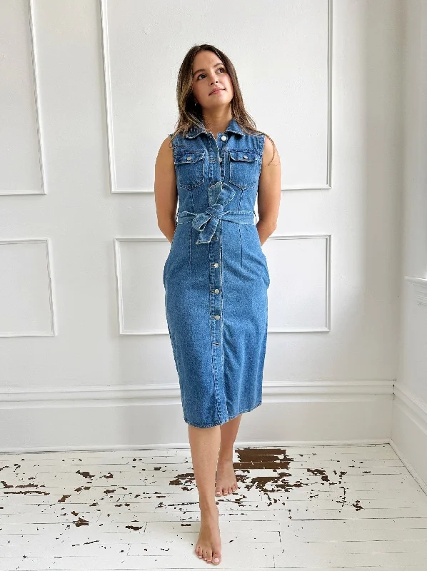 Sleeveless Denim Midi Dress - FINAL SALE Elegant Satin Slip Midi Dress