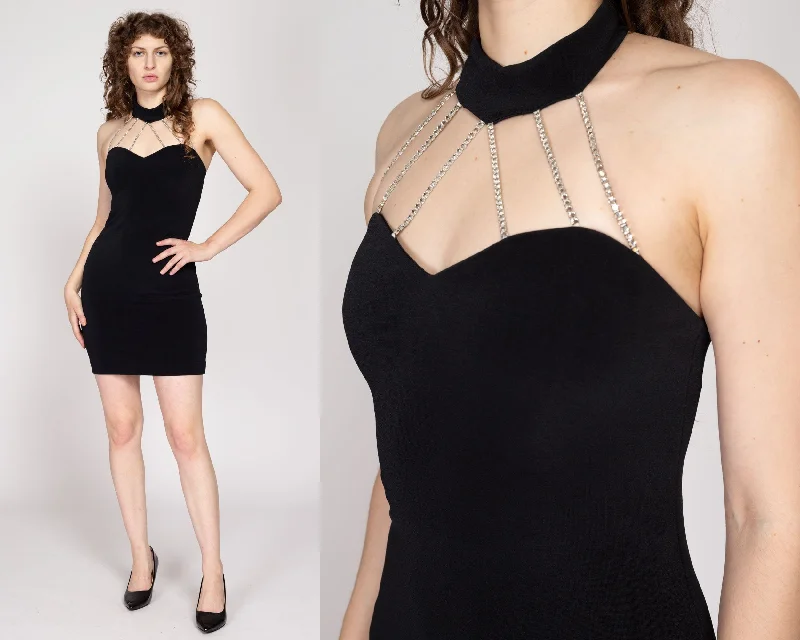 Small 80s Black Rhinestone Cage Neck Mini Dress Comfortable Polka Dot Mini Dress