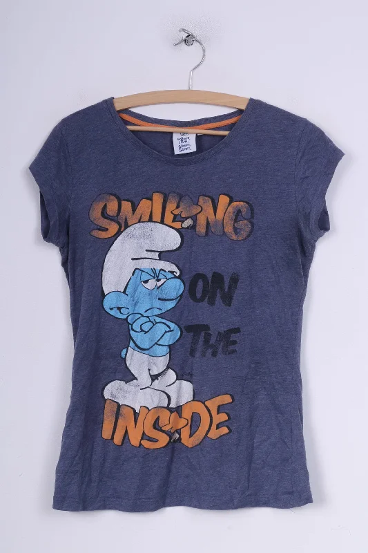 Smiling On The Inside Womens 14 L Shirt Graphic  Smurfs Blue Cotton Fashionable Sheer Short Shirt