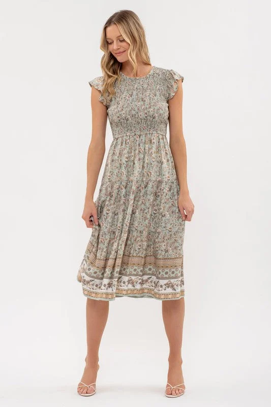 SMOCKED FLORAL BORDER PRINT MIDI DRESS - NEW COLOR Elegant Velvet Midi Dress