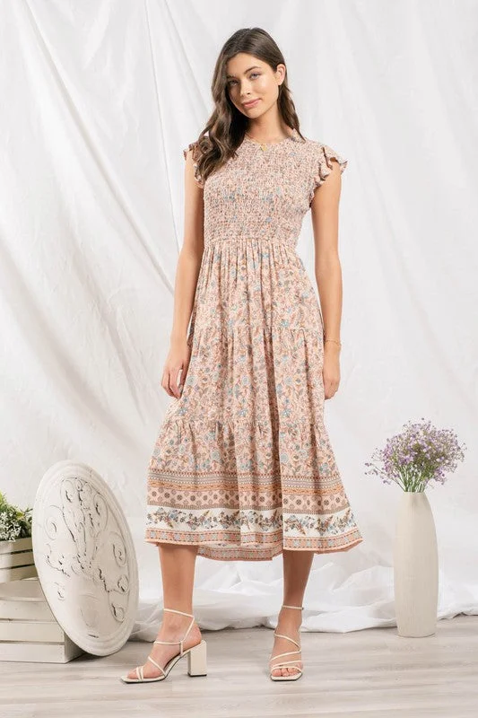 THE LYNN SMOCKED FLORAL MIDI DRESS - S - 3X Stylish Silk Midi Dress