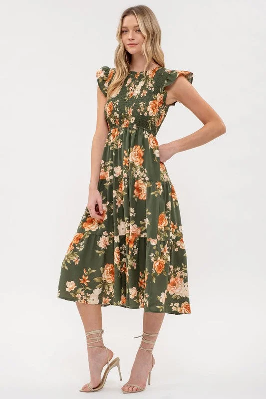SMOCKED TIERED FLORAL MIDI DRESS Stylish Satin Midi Dress