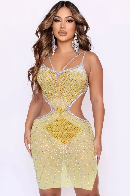 Sparkly Rhinestone V Neck Sheer Mesh Cutout Party Mini Dress - Yellow Chic Sleeveless Mini Dress