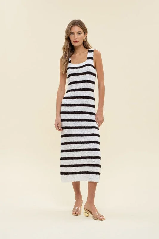 STRIPE SLEEVELESS KNIT MIDI DRESS Cozy Knit Midi Dress