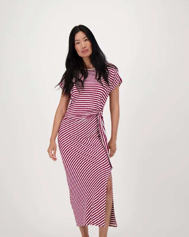 Cinched Waist Striped Midi Dress with Side Slit Cozy Spaghetti Strap Midi Dress