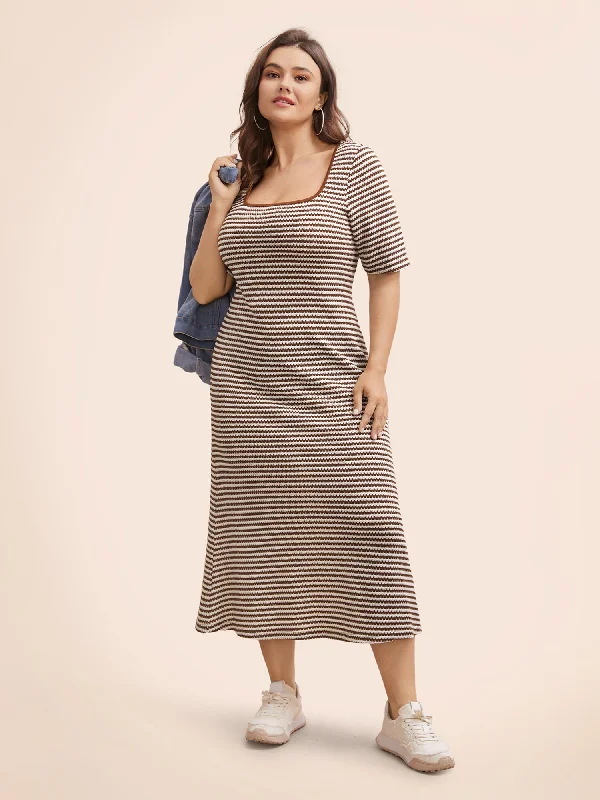 Striped Textured Square Neck Midi Dress Trendy Long Sleeve Midi Dress