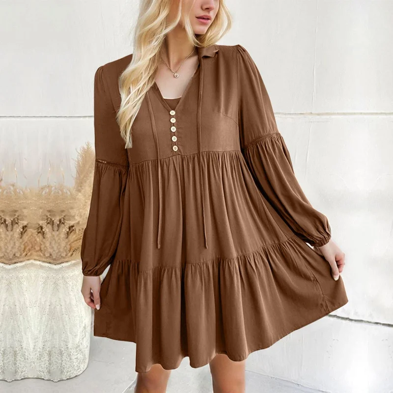 Sweet Long Flare Sleeve V-neck Mini Dress Classic Striped Mini Dress