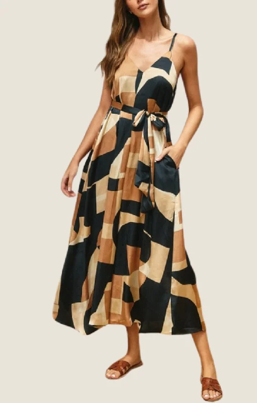 Tanaia Black Abstract Midi Dress Fashionable A-Line Midi Dress
