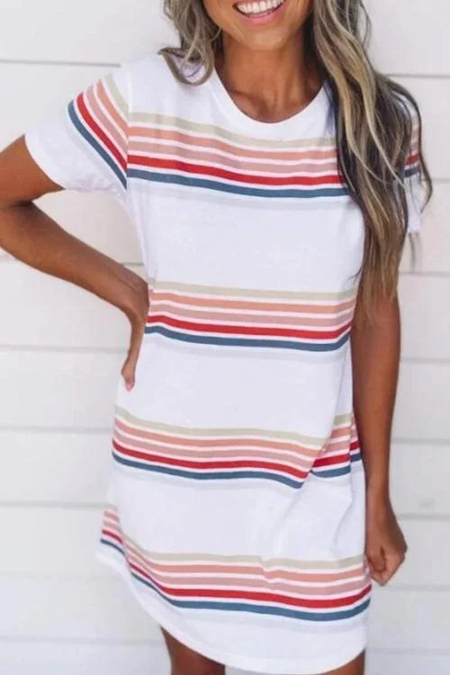 Stripe O Neck Trendy Short Sleeve Mini Dress Trendy A-Line Mini Dress