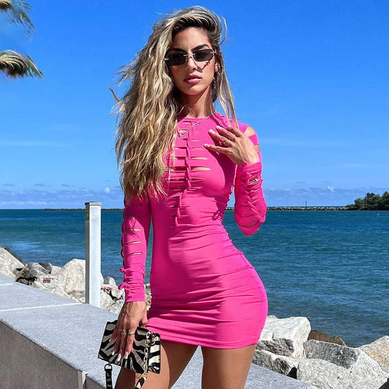 Slashed Ladder Cut Out Crew Neck Sophisticated Long Sleeve Bodycon Mini Dress - Green Comfortable Off-Shoulder Mini Dress