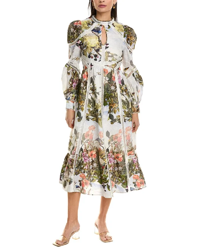 Ted Baker Ladder Trim Insert High-Neck Linen Midi Dress Trendy Ruffle Hem Midi Dress