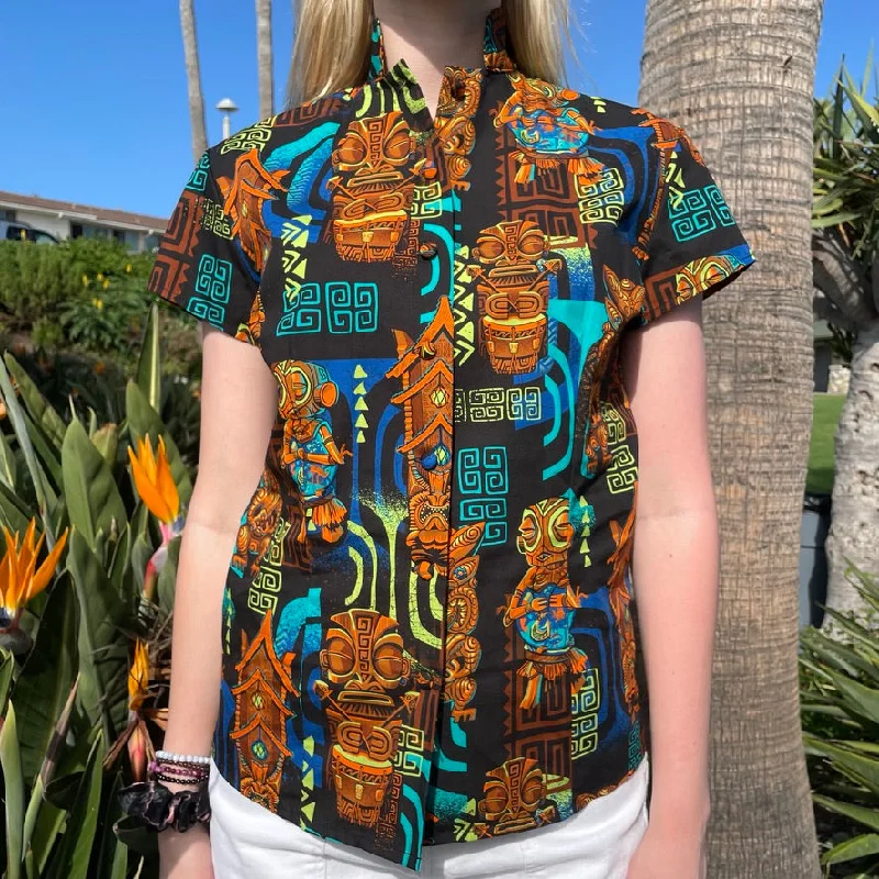 TikiLand Trading Co. 'The Four Tikis' - Classic Aloha Button Up-Shirt - Womens - by Doug Horne, BigToe, Atomikitty, Thor, Jeff Granito - Ready to Ship! Fashionable Pleated Short Shirt TikiLand Trading Co. 'The Four Tikis' - Classic Aloha Button Up-Shirt - Womens - by Doug Horne, BigToe, Atomikitty, Thor, Jeff Granito - Ready to Ship! Fashionable Pleated Short Shirt