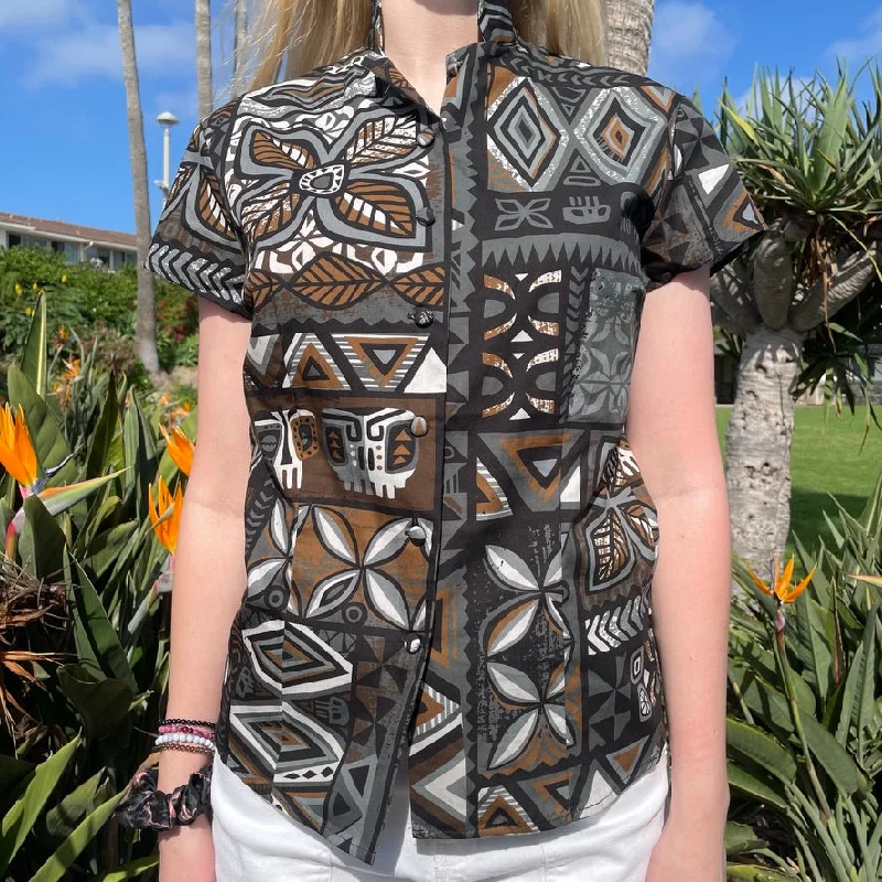 TikiLand Trading Co. X Jeff Granito 'Distant Drums Haleakalā' - Classic Aloha Button Up-Shirt - Womens - Ready to Ship! Elegant Button-Down Short Shirt