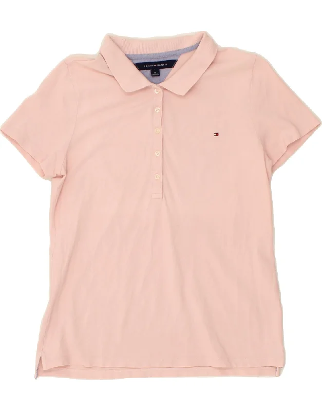 TOMMY HILFIGER Womens Polo Shirt UK 12 Medium Pink Cotton Trendy Button-Front Short Sleeve