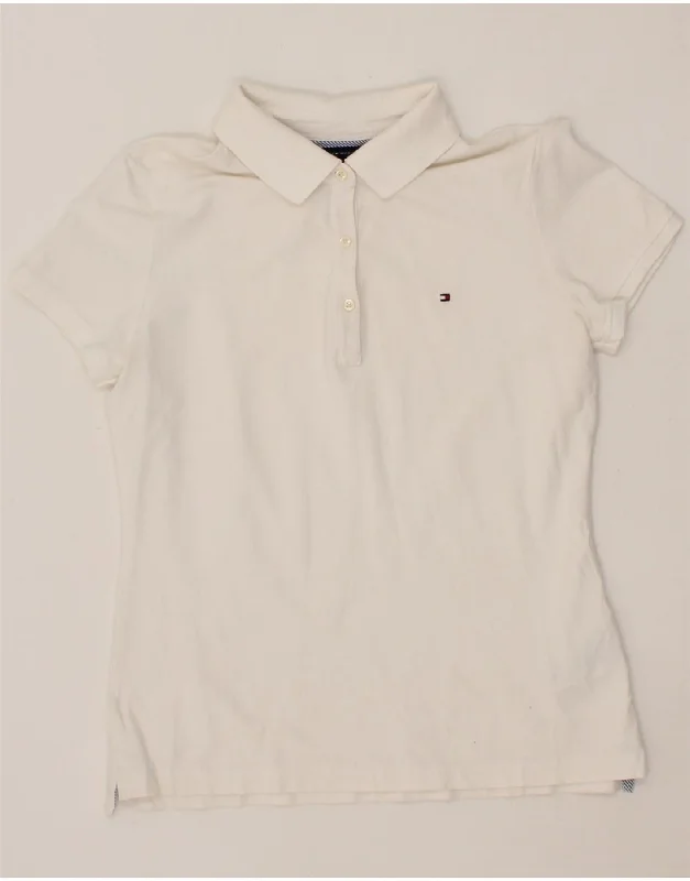 TOMMY HILFIGER Womens Polo Shirt UK 12 Medium White Cotton Relaxed Cotton Short Shirt