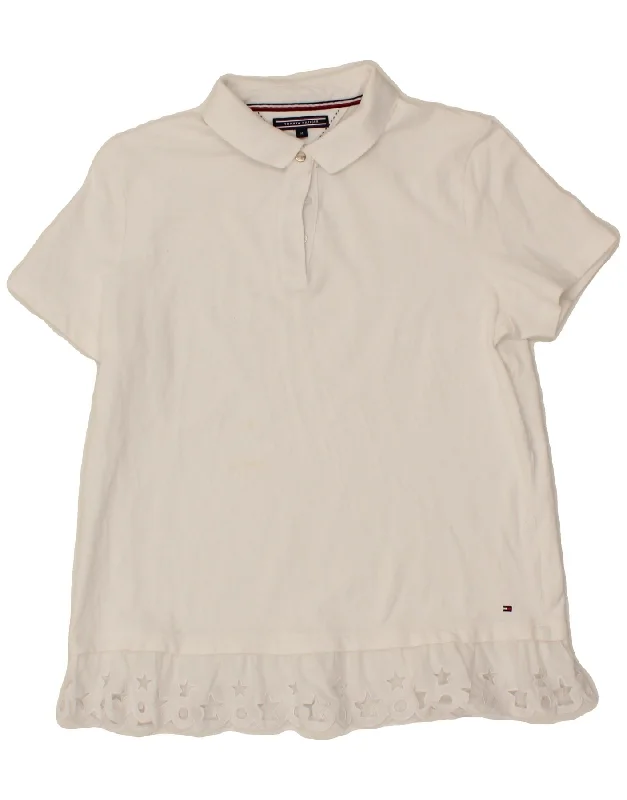 TOMMY HILFIGER Womens Polo Shirt UK 12 Medium White Cotton Fashionable Button-Front Short Sleeve