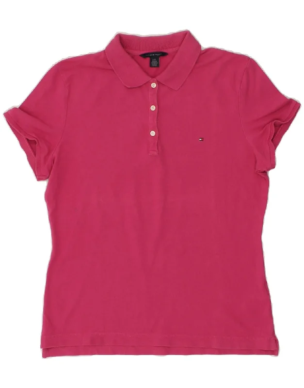 TOMMY HILFIGER Womens Polo Shirt UK 14 Large Pink Cotton Trendy Button-Front Short Sleeve