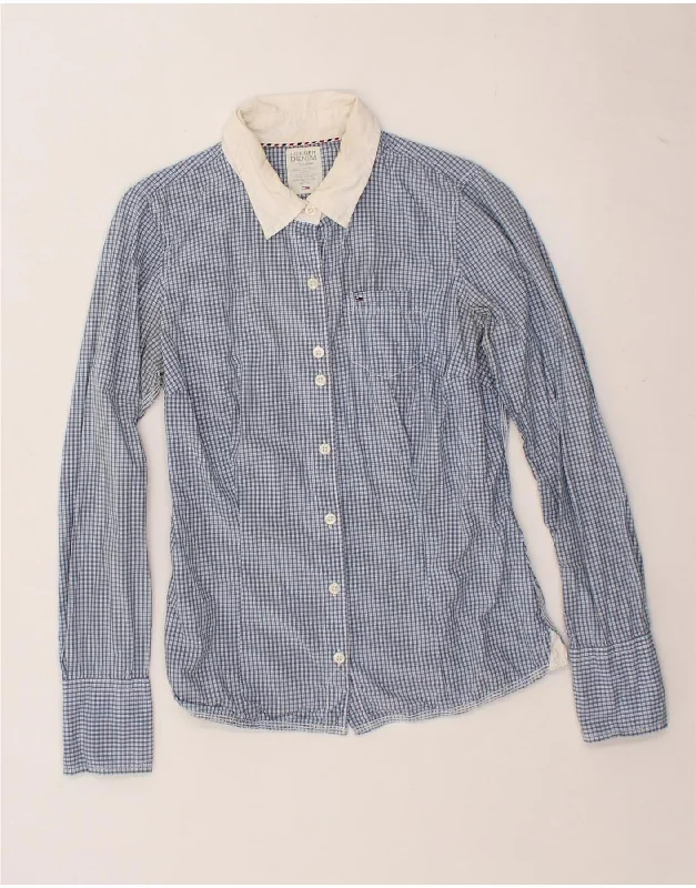 TOMMY HILFIGER Womens Shirt UK 10 Small Blue Check Cotton Casual Oversized Short Shirt