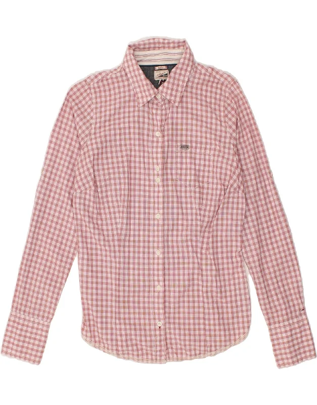 TOMMY HILFIGER Womens Shirt UK 14 Medium Pink Gingham Cotton Casual Ruffle Short Shirt