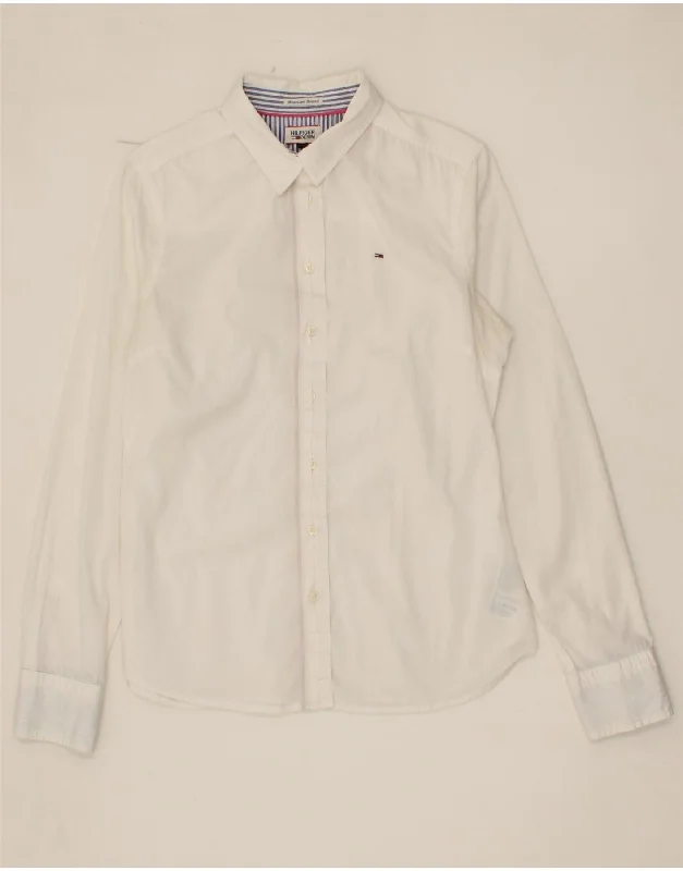 TOMMY HILFIGER Womens Shirt UK 14 Medium White Cotton Classic Short Sleeve Blouse