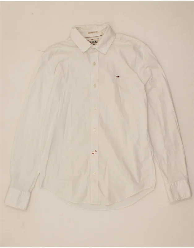 TOMMY HILFIGER Womens Shirt UK 16 Large White Cotton Stylish Split-Hem Short Shirt