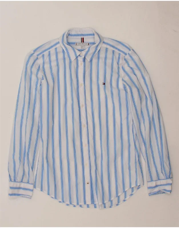 TOMMY HILFIGER Womens Shirt UK 6 XS Blue Striped Cotton Elegant Off-Shoulder Short Shirt