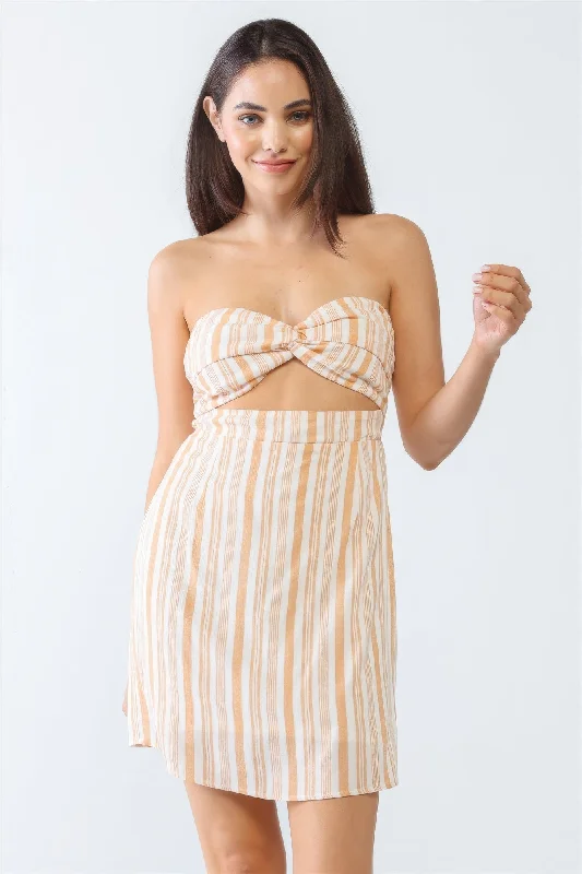 White & Apricot Stripe Print Strapless Twist Cut-out Smocked Back Mini Dress Elegant Lace-Up Mini Dress