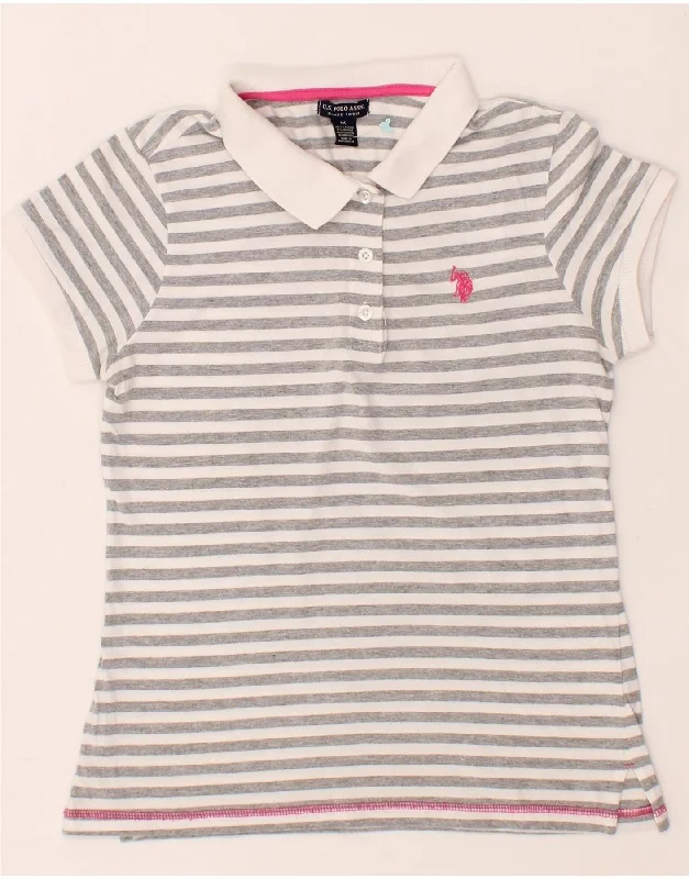 U.S. POLO ASSN. Womens Polo Shirt UK 12 Medium Grey Striped Cotton Casual Plain Short Shirt