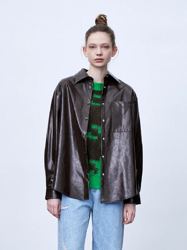 Vegan Leather Loose Shirt Classic Basic Short Shirt