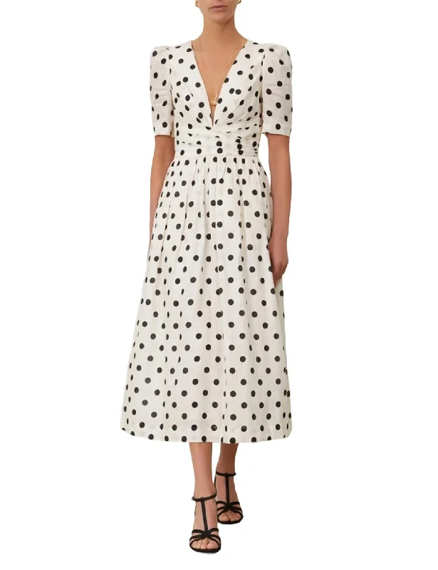 V-Neck Midi Dress In Cream Comfortable Fit-and-Flare Midi Dress