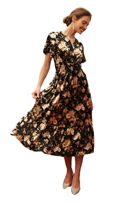 VELVET SPLICE SHIRRED WAIST MIDI DRESS Stylish Long Sleeve Floral Midi Dress