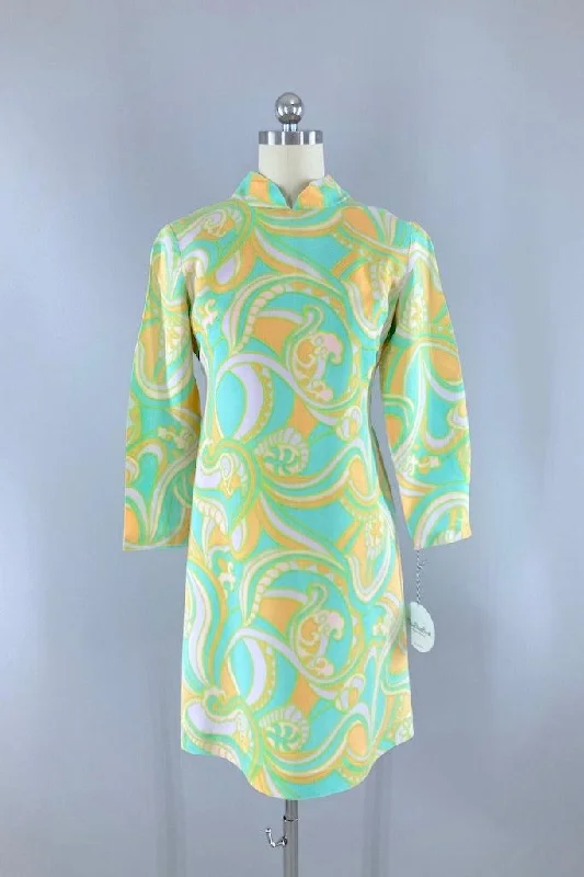 Vintage Aqua Mod Paisley Print Mini Dress Fashionable A-Line Mini Dress