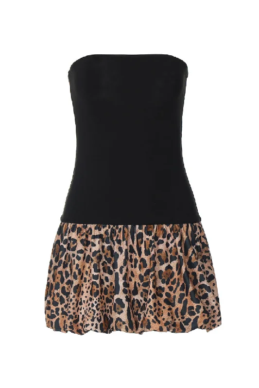 Vintage Strapless Contrast Leopard Panel Drop Waist Bubble Party Mini Dress Casual High-Waist Mini Dress