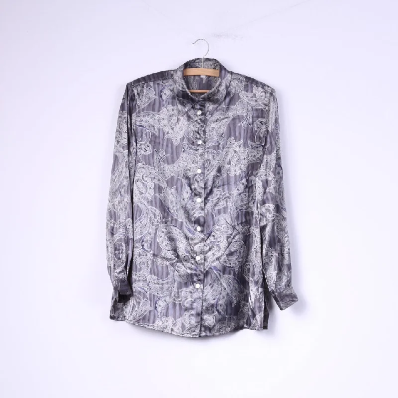 Vintage Women 12 38 Casual Shirt Gray Shiny Shoulder Pads Baroque Print Top Fashionable Rounded Short Shirt