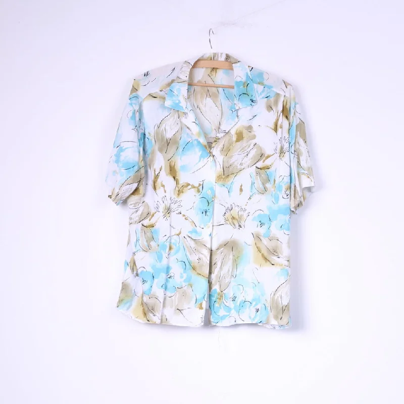 Vintage Women XL Casual Shirt Flower Print Short Sleeve Top White Relaxed Button-Down Short Shirt