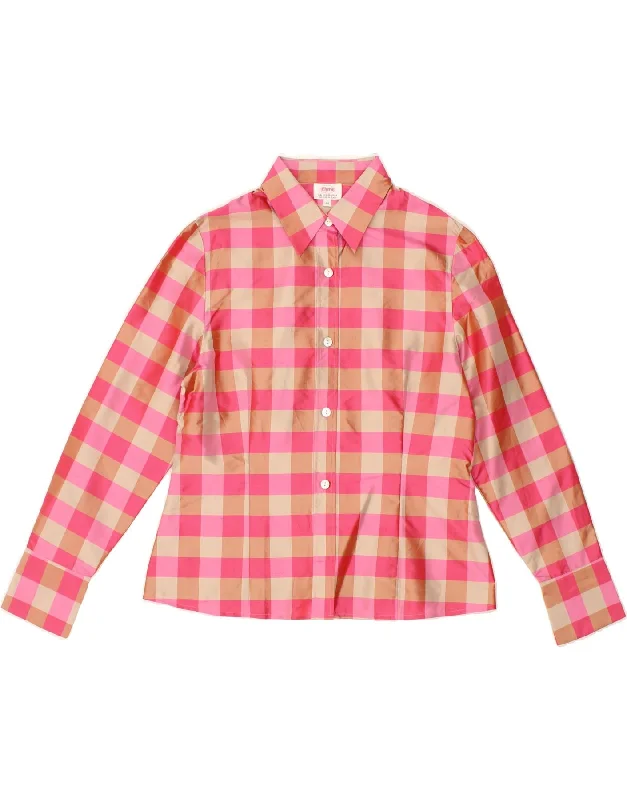 VINTAGE Womens Shirt Blouse IT 44 Medium Pink Check Elegant Draped Short Sleeve