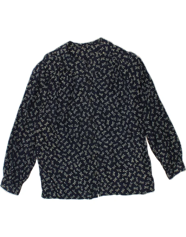 VINTAGE Womens Shirt Blouse UK 12 Medium Navy Blue Floral Trendy Turtleneck Short Shirt