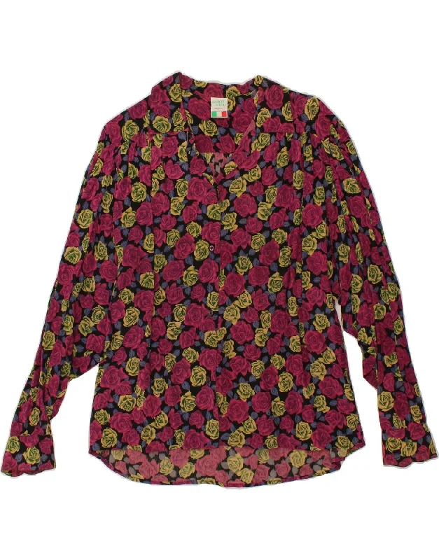 VINTAGE Womens Shirt Blouse UK 14 Large Burgundy Floral Viscose Casual Plain Short Shirt