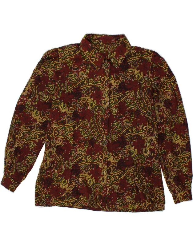 VINTAGE Womens Shirt Blouse UK 14 Large Maroon Paisley Cozy Loose Fit Short Sleeve