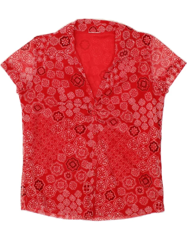 VINTAGE Womens Shirt Blouse UK 14 Medium Red Floral Polyester Fashionable Sheer Short Shirt