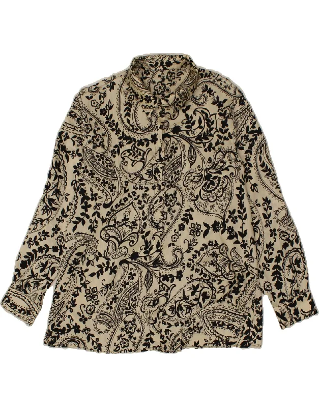 VINTAGE Womens Shirt Blouse UK 16 Large Beige Paisley Fashionable Rounded Short Shirt