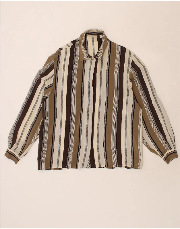 VINTAGE Womens Shirt Blouse UK 16 Large Brown Striped Silk Chic Silk Short Sleeve Shirt