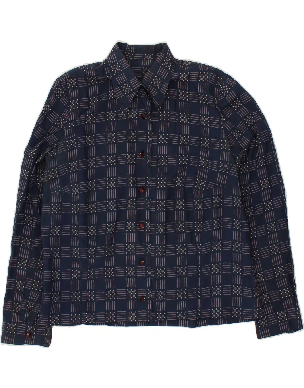 VINTAGE Womens Shirt UK 16 Large Navy Blue Check Chic Button-Up Short Shirt