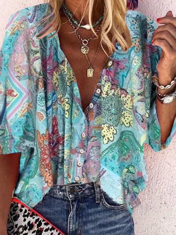 Vintage Bohemian Casual Loose Floral Print Shirt Casual Boxy Short Shirt