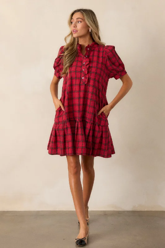 Warmth from Within 100% Cotton Red Plaid Mini Dress Stylish Short-Sleeve Mini Dress