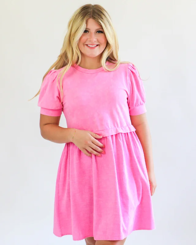 Washing Cotton Mini Dress in Pink Casual V-Neck Mini Dress