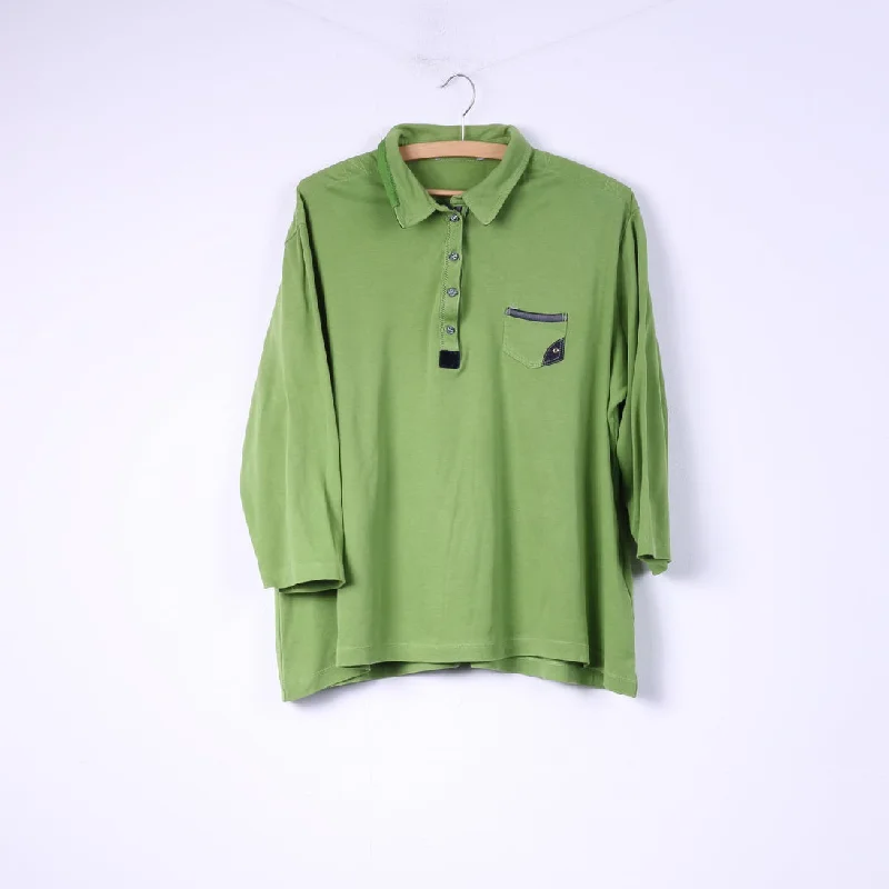 Womens 50 2XL Polo Shirt Green Buttons Detailed 7/8 Sleeve Top Cotton Fashionable Pleated Short Shirt